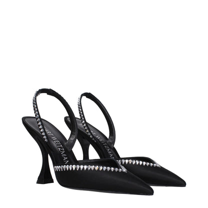 Stuart Weitzman Black Satin Stiletto Heel Sandals with rhinestone accents, leather sole, and pointy toe, 11 cm high heels.
