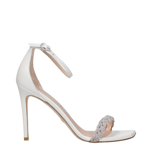 Stuart Weitzman White Leather Stiletto Heel Sandals with buckle closure, rhinestone detail, open toe, high heel, 10 cm height.