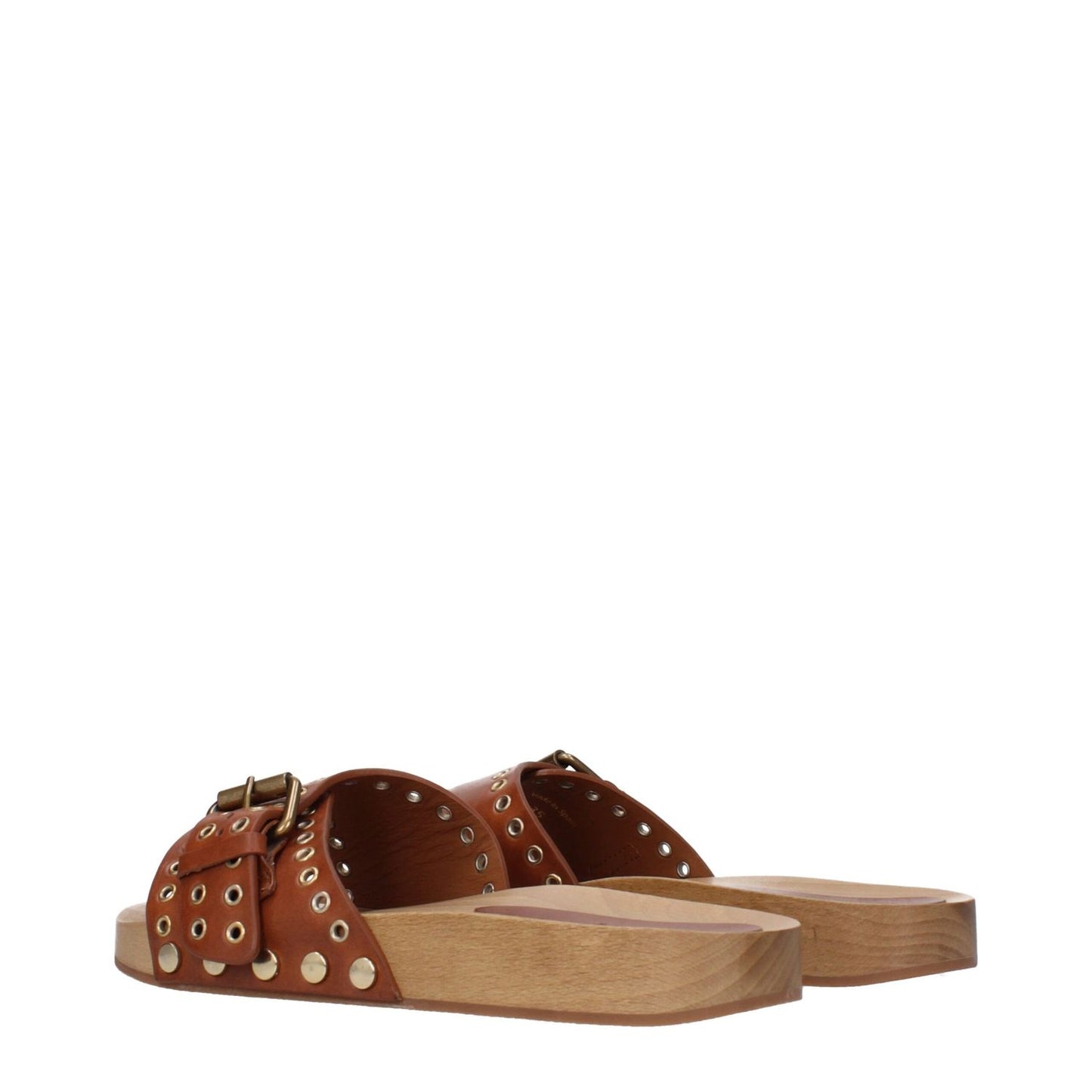 Isabel Marant Brown Leather Slippers with buckle closure and rubber sole, casual style, designed in cognac color.