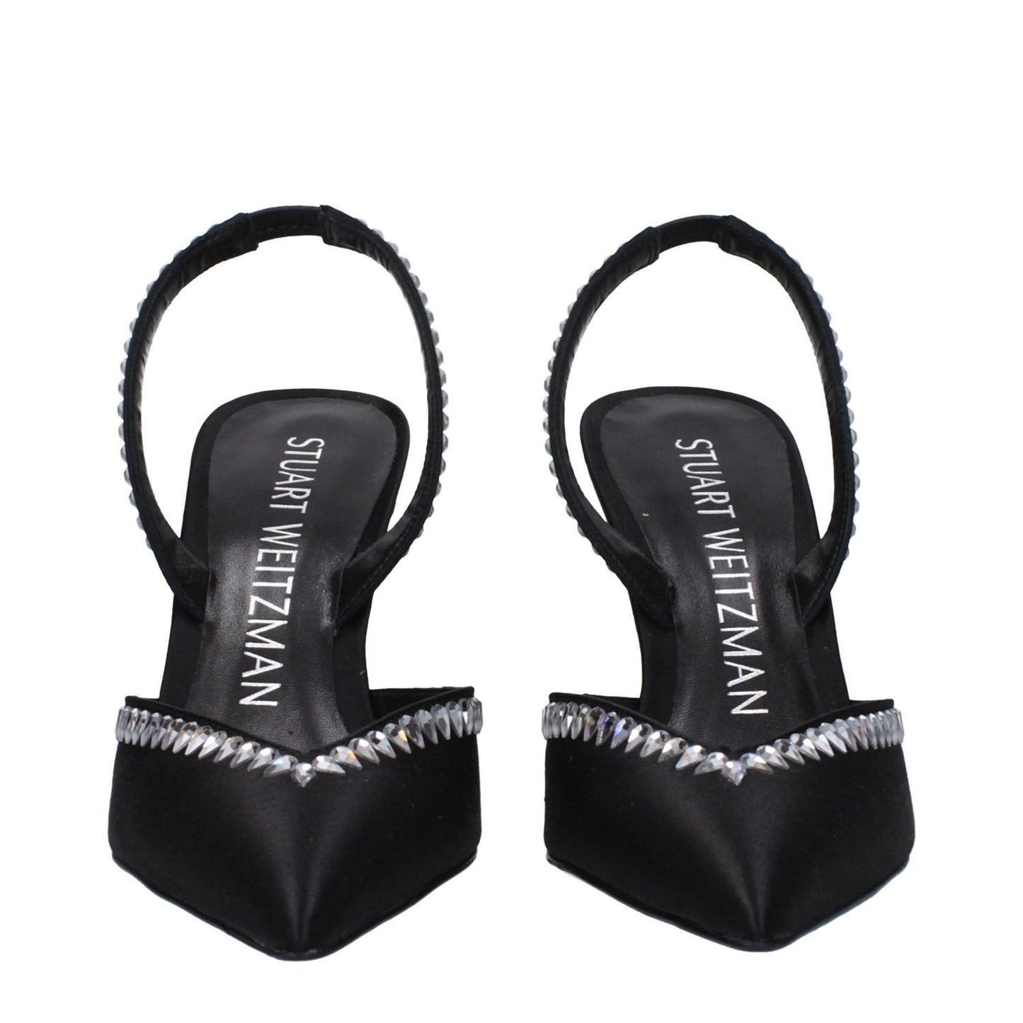 Stuart Weitzman Black Satin Stiletto Heel Sandals with rhinestone detail, pointy toe, and high heel