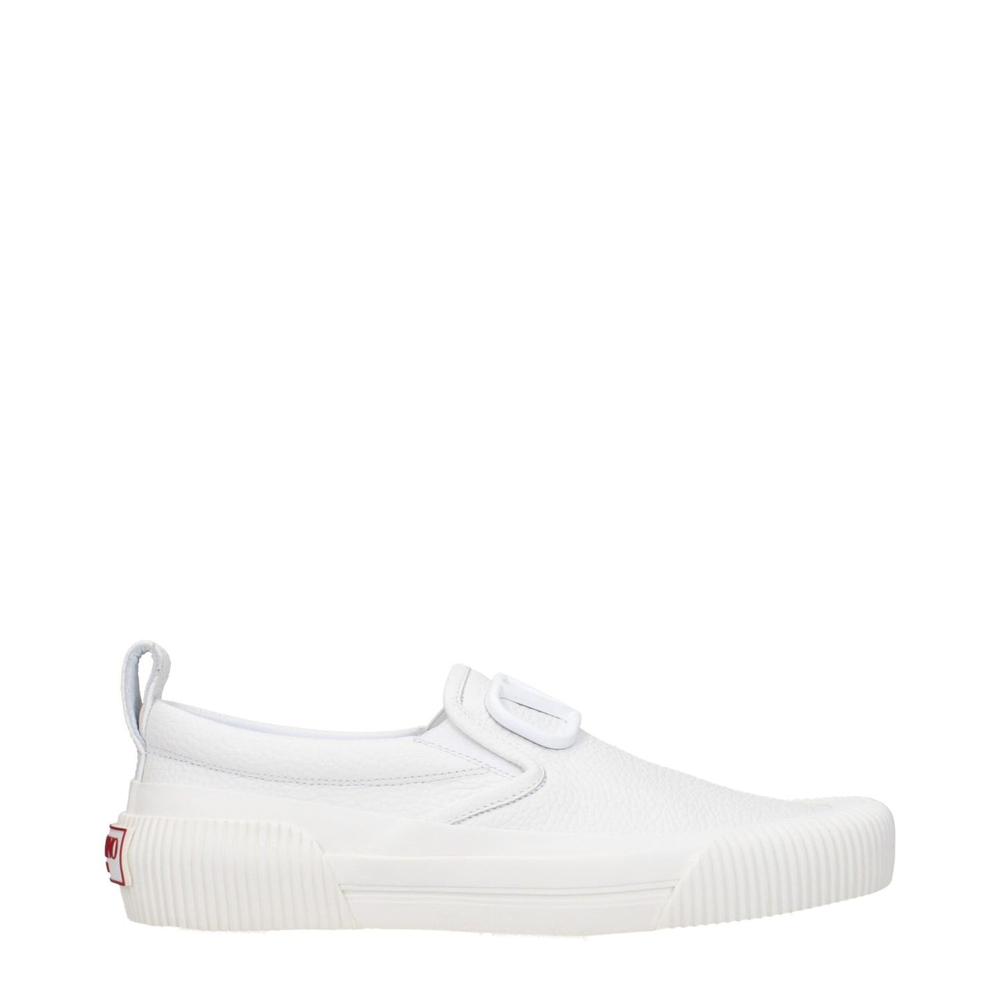 Valentino Garavani White Leather Slip-On Loafers with rubber sole and round toe, featuring front and back logos.