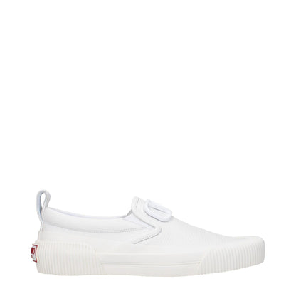 Valentino Garavani White Leather Slip-On Loafers with rubber sole and round toe, featuring front and back logos.
