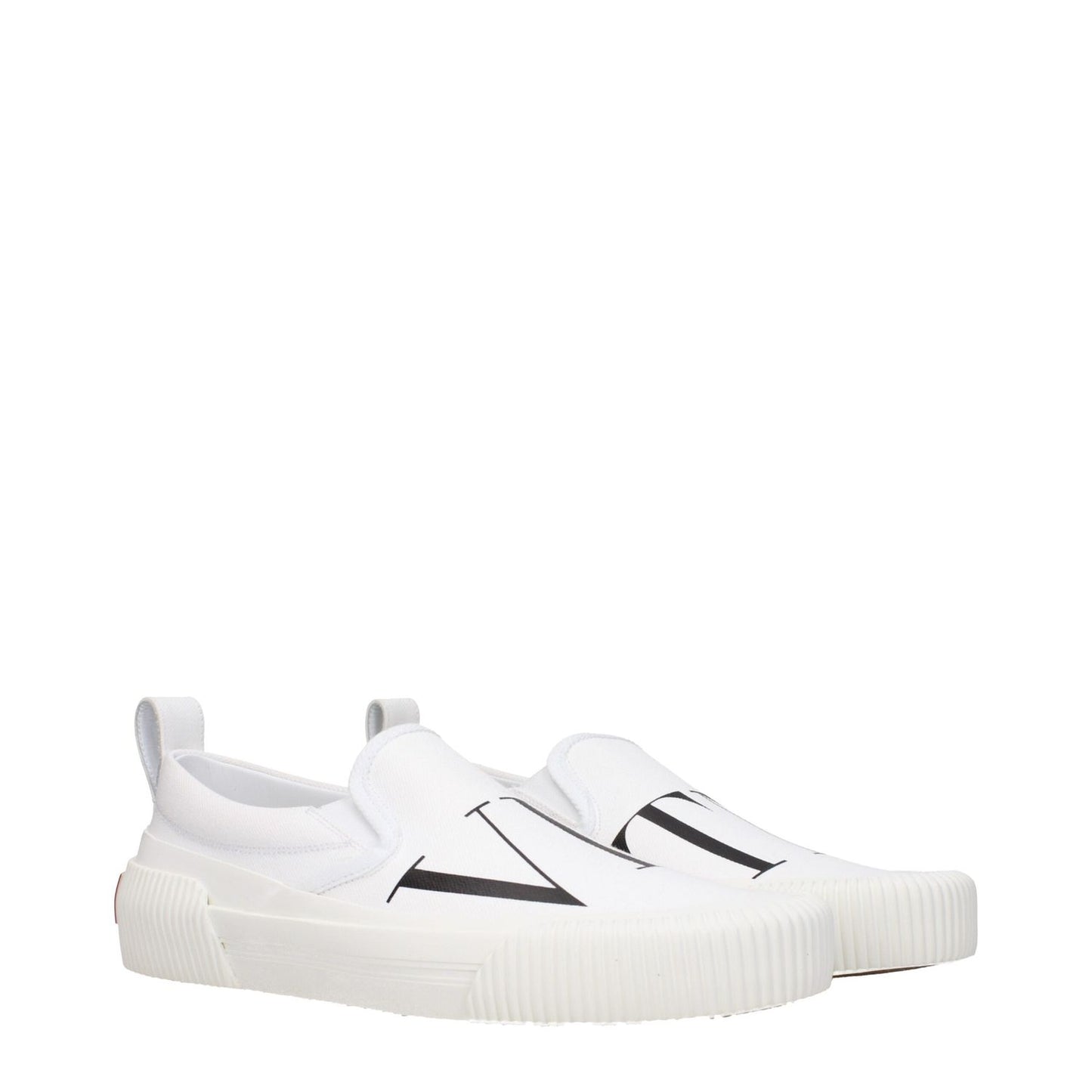 Valentino Garavani White Fabric Slip-On Loafers with logo, casual style, rubber sole, low flat heel, round toe design.