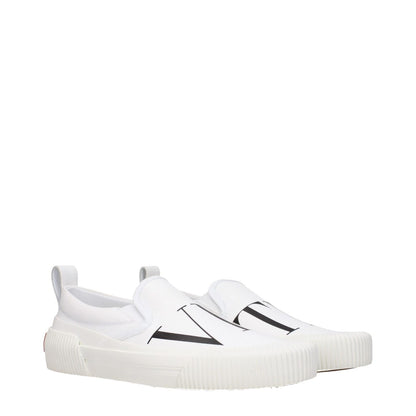 Valentino Garavani White Fabric Slip-On Loafers with logo, casual style, rubber sole, low flat heel, round toe design.