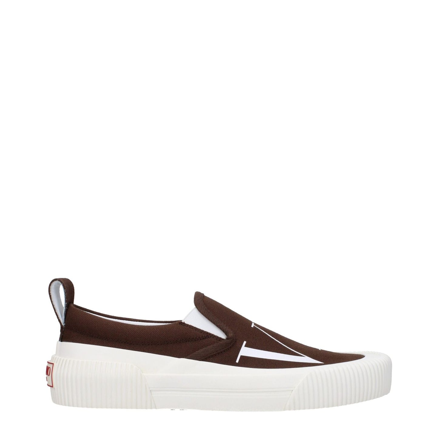 Valentino Garavani Brown Fabric Slip-On Loafers with rubber sole, round toe, and casual style featuring front and back logos.