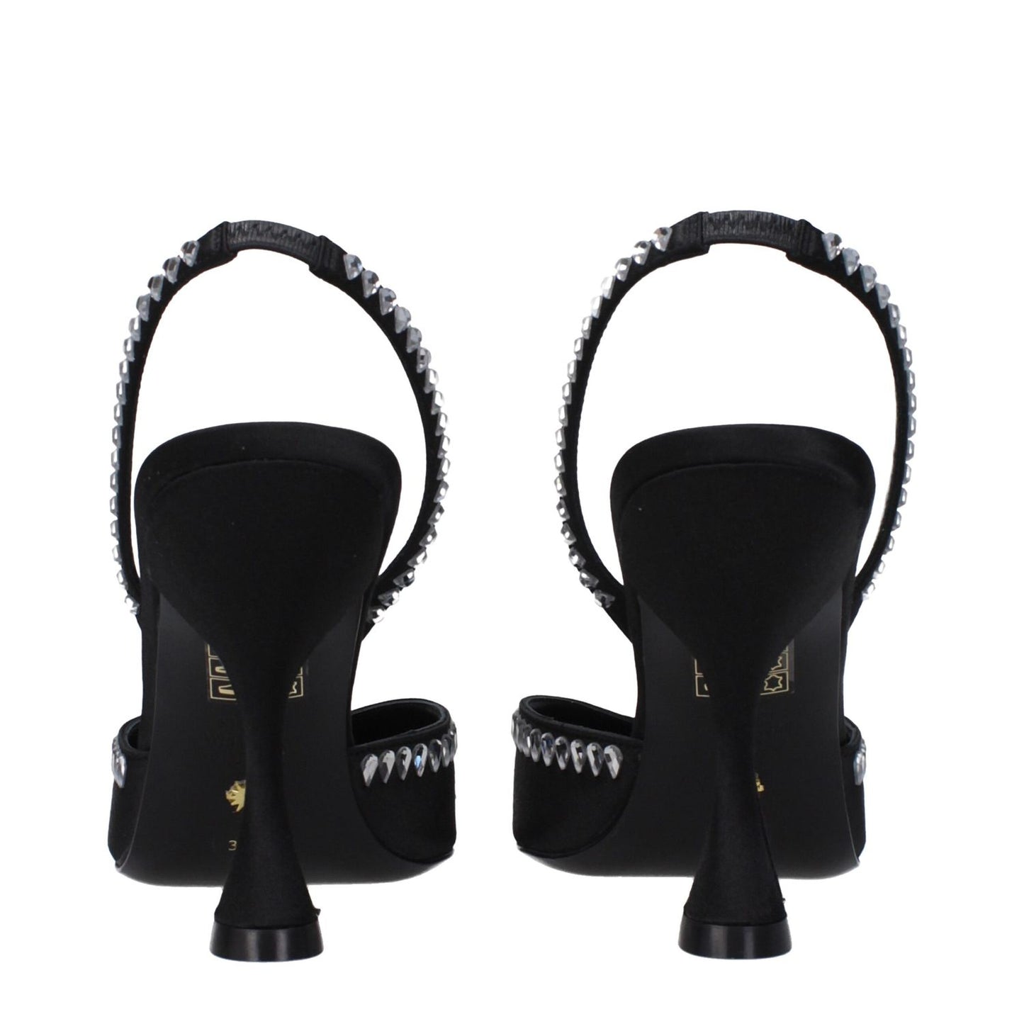 Stuart Weitzman Black Satin Stiletto Heel Sandals with rhinestones, leather sole, pointy toe and high heel, rear view