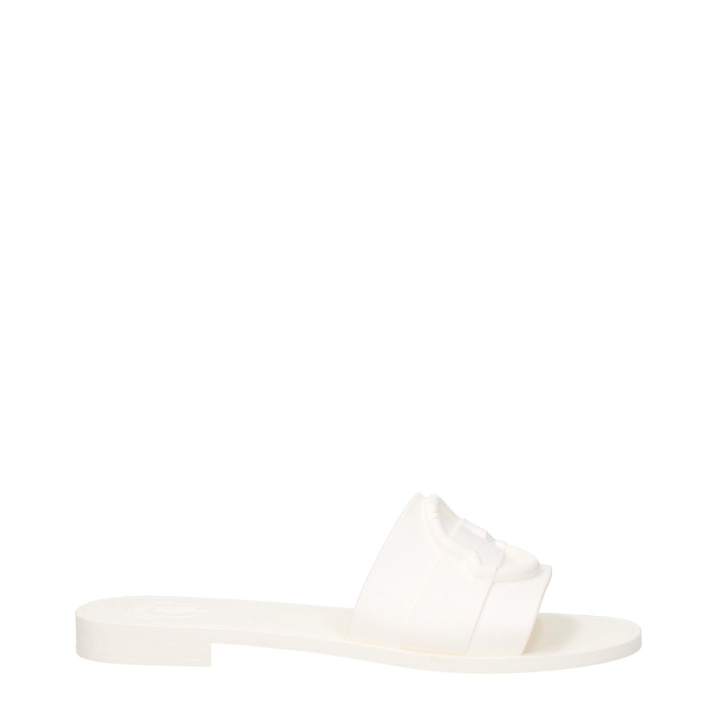 Moncler White Cotton Slippers with front logo detail and open toe design, featuring a rubber sole and low flat heel.