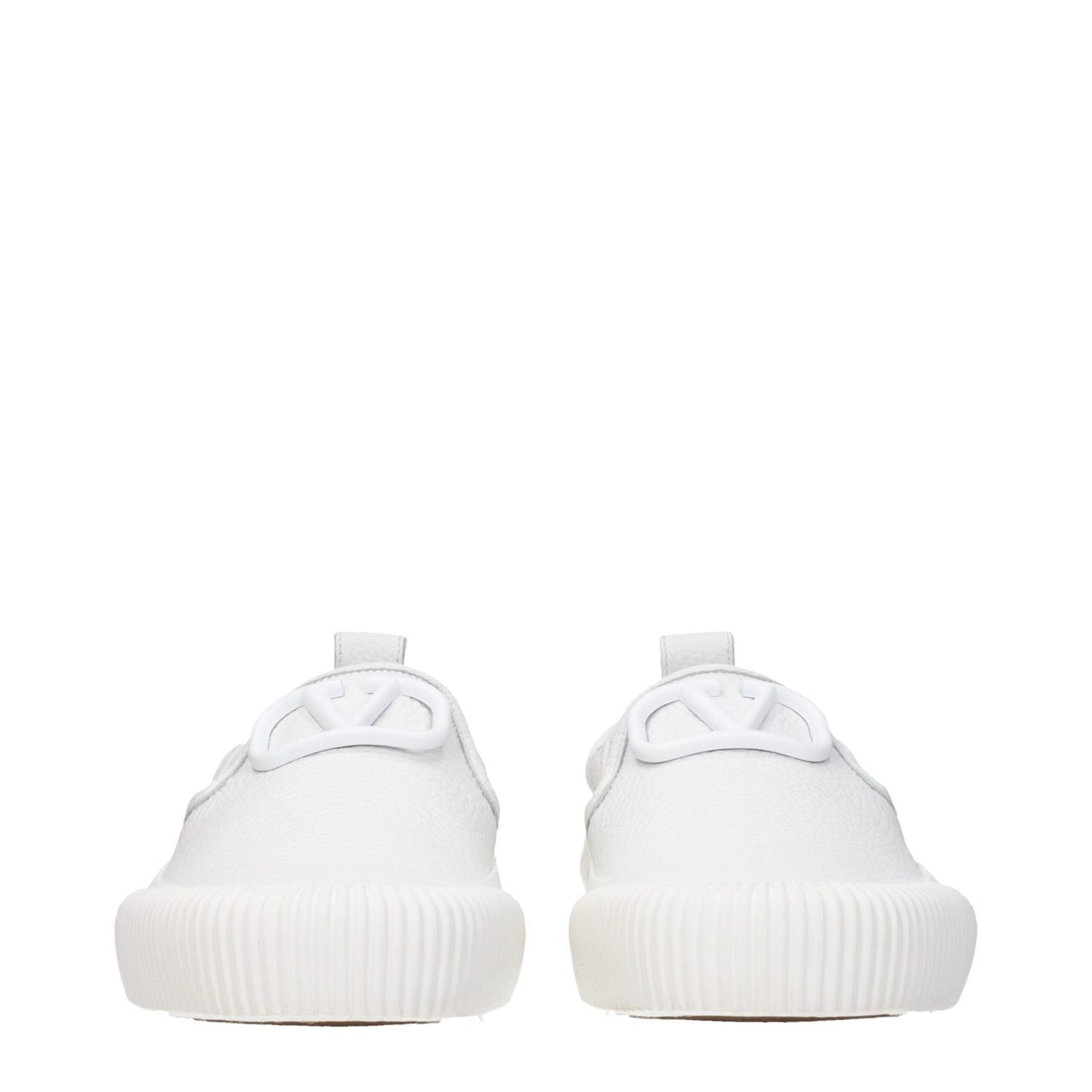 Front view of Valentino Garavani White Leather Slip-On Loafers with logo, low flat heel, and round toe.