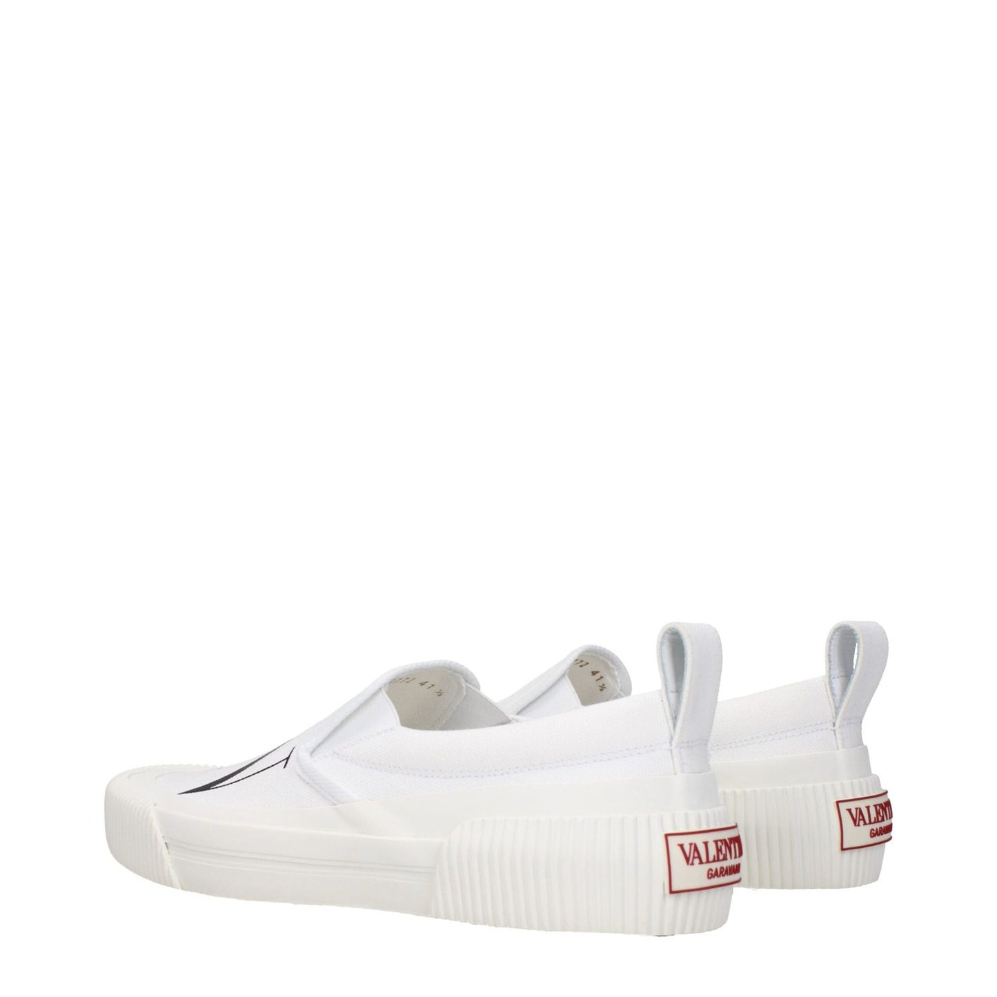 Rear view of Valentino Garavani White Fabric Slip-On Loafers, featuring front and back logo with a rubber sole and round toe design.