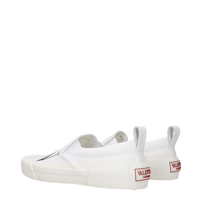 Rear view of Valentino Garavani White Fabric Slip-On Loafers, featuring front and back logo with a rubber sole and round toe design.