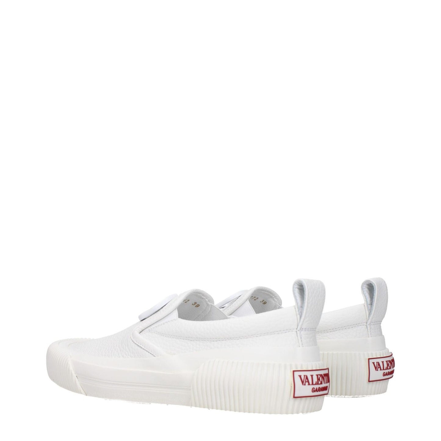 Valentino Garavani White Leather Slip-On Loafers with rubber sole and logo details, featuring casual round toe and flat heel design.