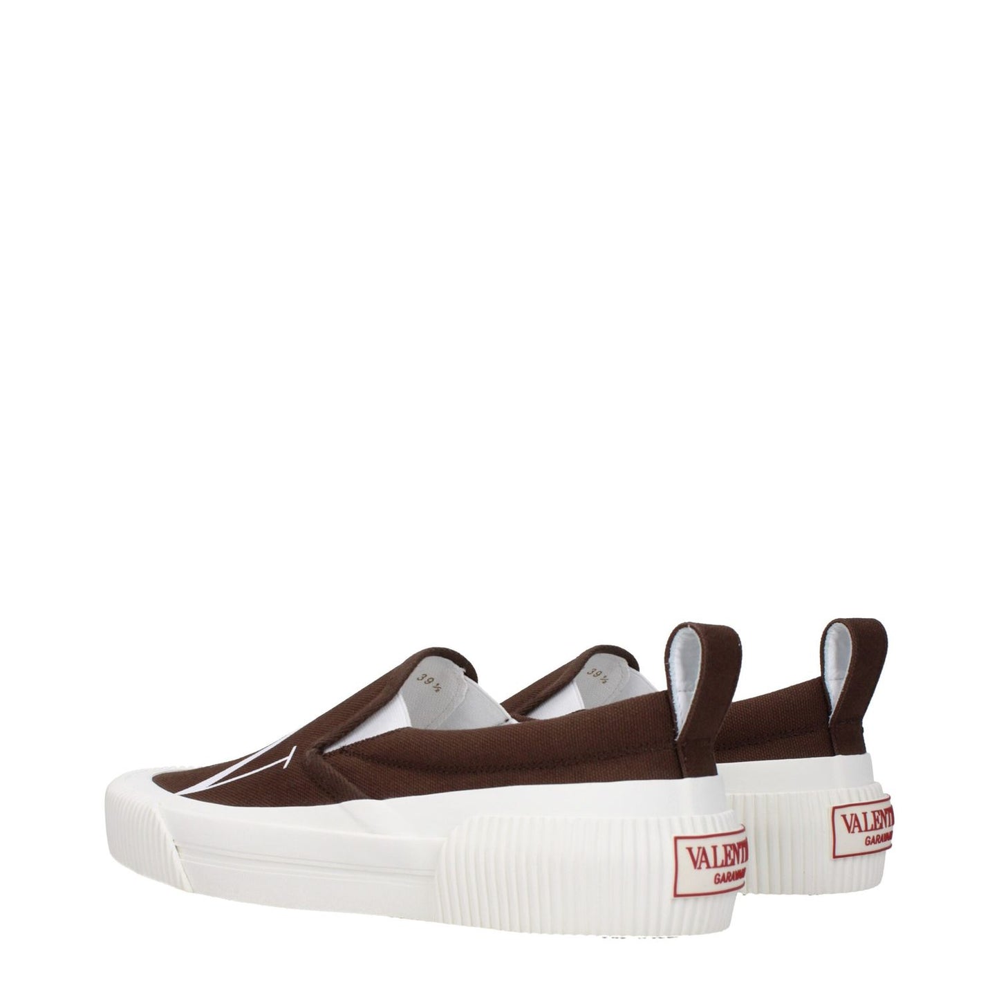 Valentino Garavani Brown Fabric Slip-On Loafers with round toe, rubber sole, and front and back logo design.