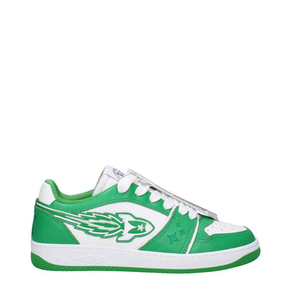 Enterprise Japan Green Leather Low Top Sneakers with logo, round toe, lace-up closure, rubber sole, and white accents.