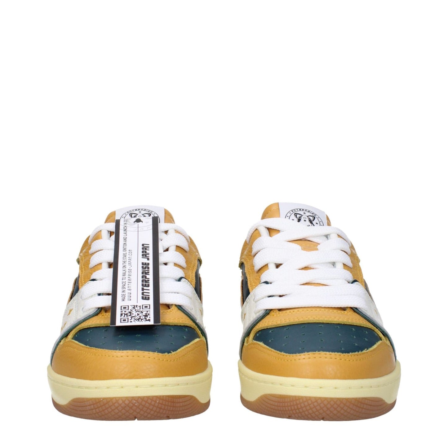 Enterprise Japan Green Leather Low Top Sneakers with mustard details, lace-up closure, round toe, rubber sole, and front logo design.