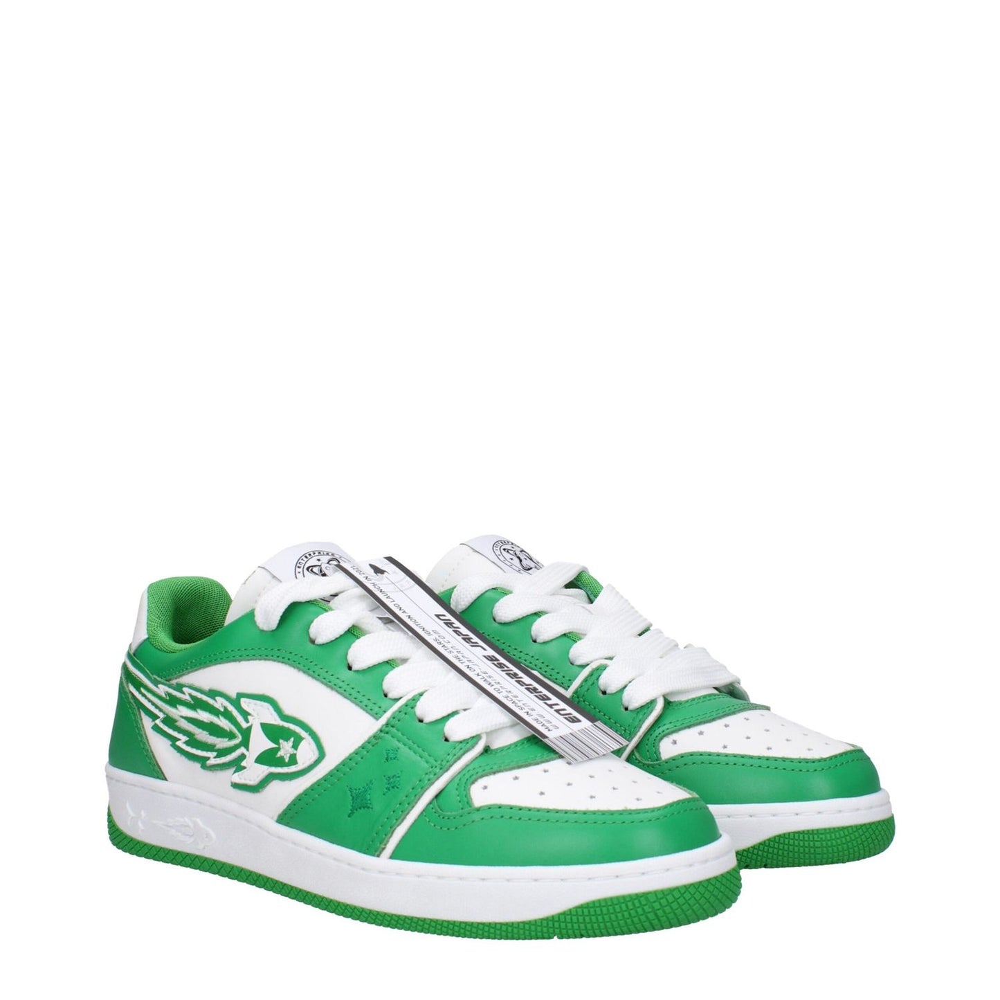 Enterprise Japan Green Leather Low Top Sneakers with front logo, lace-up closure, rubber sole, and white accents.