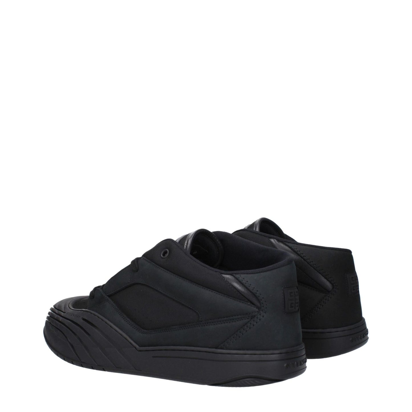 Givenchy Black Fabric Low Top Sneakers featuring side and back logos, lace-up closure, rubber sole, round toe, low flat heel, casual style.