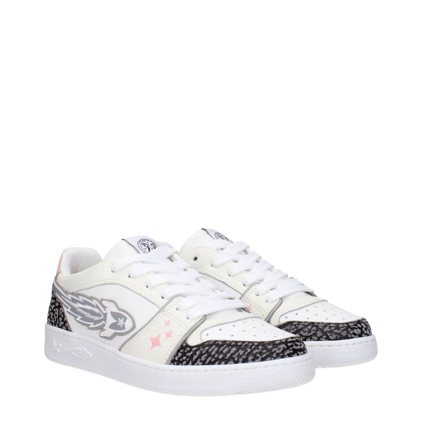 Enterprise Japan White Leather Athletic Sneakers with grey details and lace-up closure, featuring sporty glam design, low flat heel.