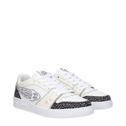 Enterprise Japan White Leather Athletic Sneakers with grey details and lace-up closure, featuring sporty glam design, low flat heel.