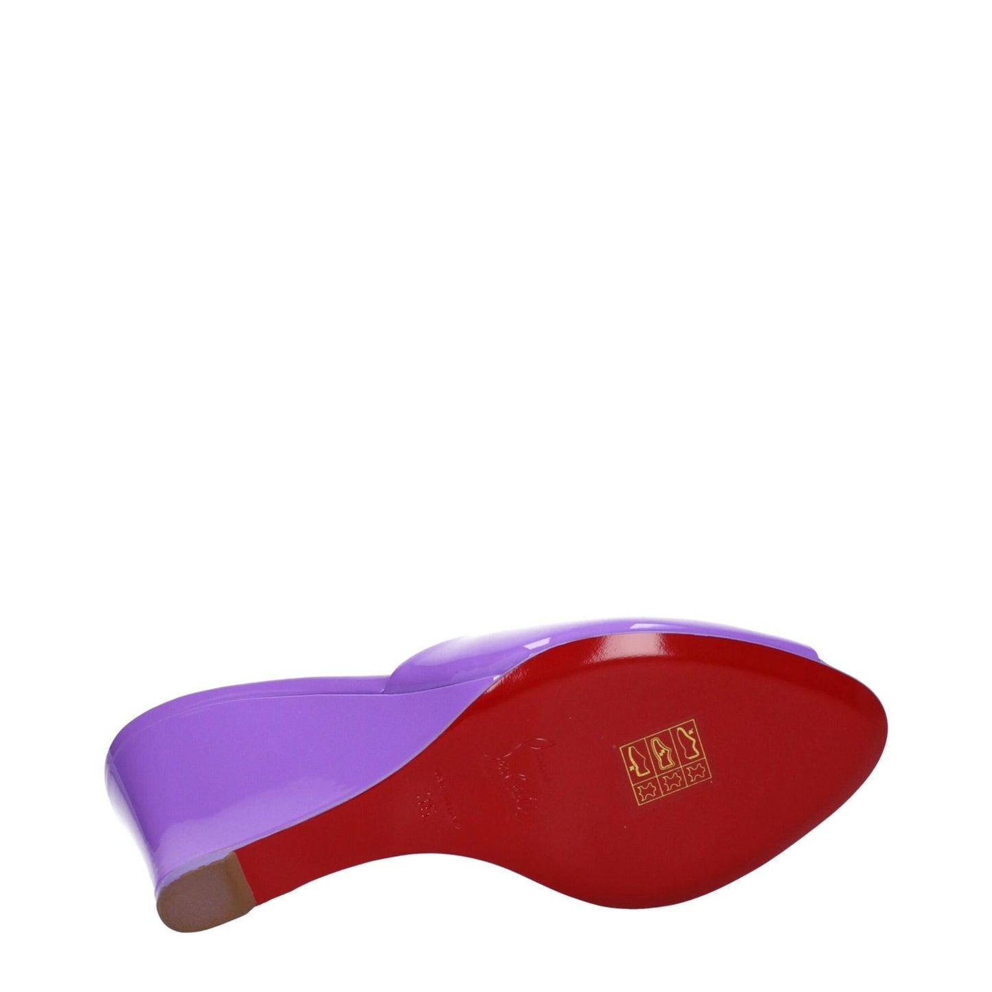 Christian Louboutin Purple Leather Wedge Sandals with red sole, open toe, 9.5 cm wedge height, viewed from the sole side.