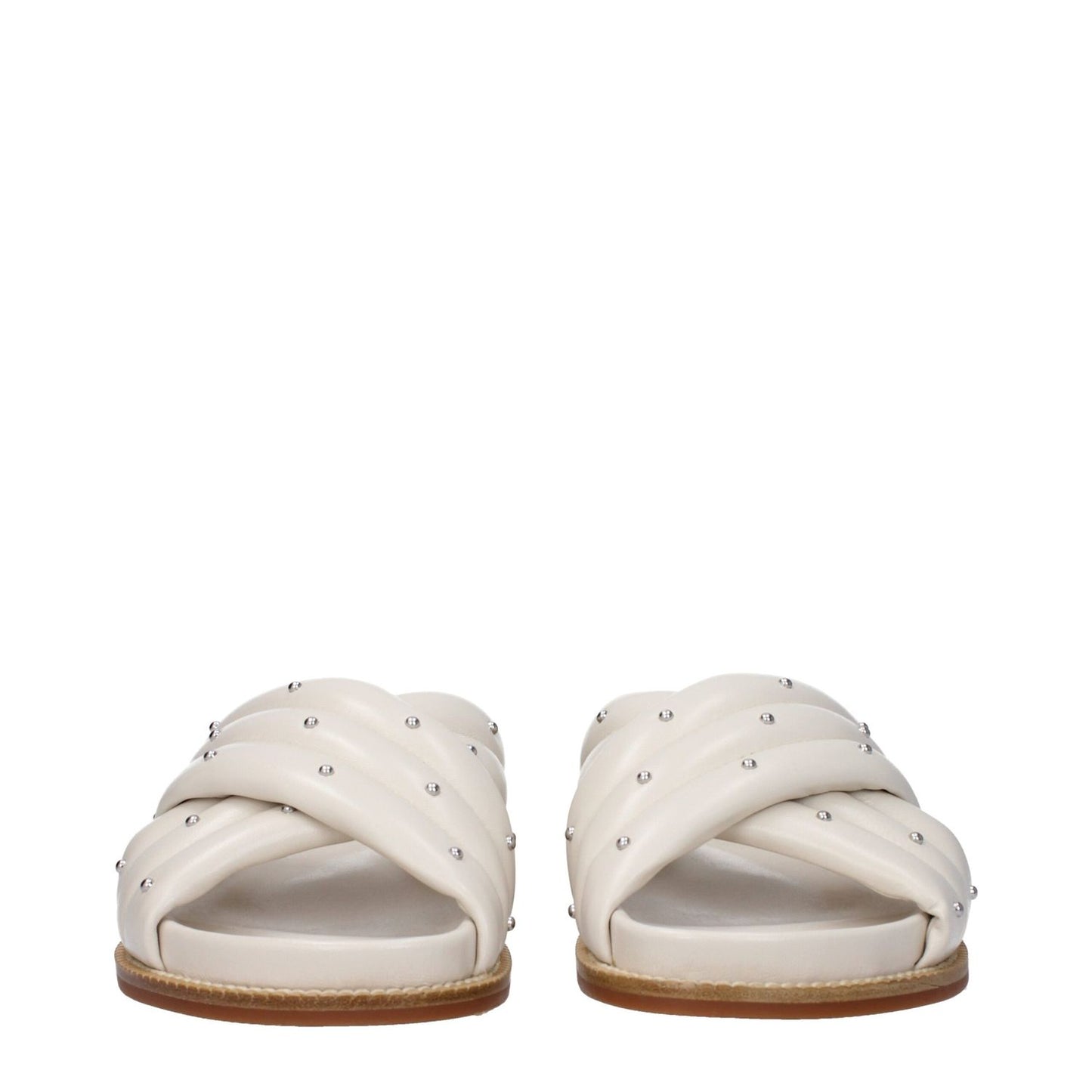 Fabiana Filippi Beige Leather Slippers with studs, open toe, low flat heel, rubber sole, casual style, secondary ivory color.