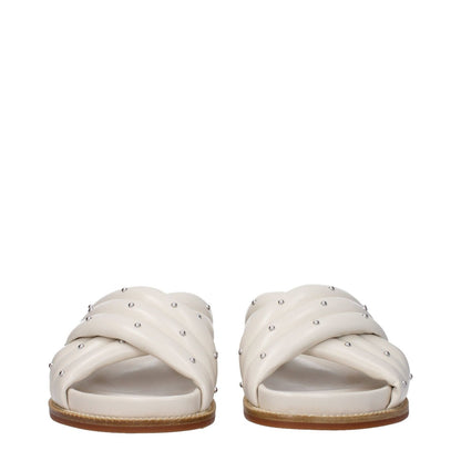 Fabiana Filippi Beige Leather Slippers with studs, open toe, low flat heel, rubber sole, casual style, secondary ivory color.