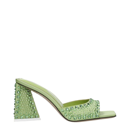 The Attico Green Satin Stiletto Heel Sandals with rhinestones, open toe, mid heels, leather sole, 8.5 cm height, lime and green color.