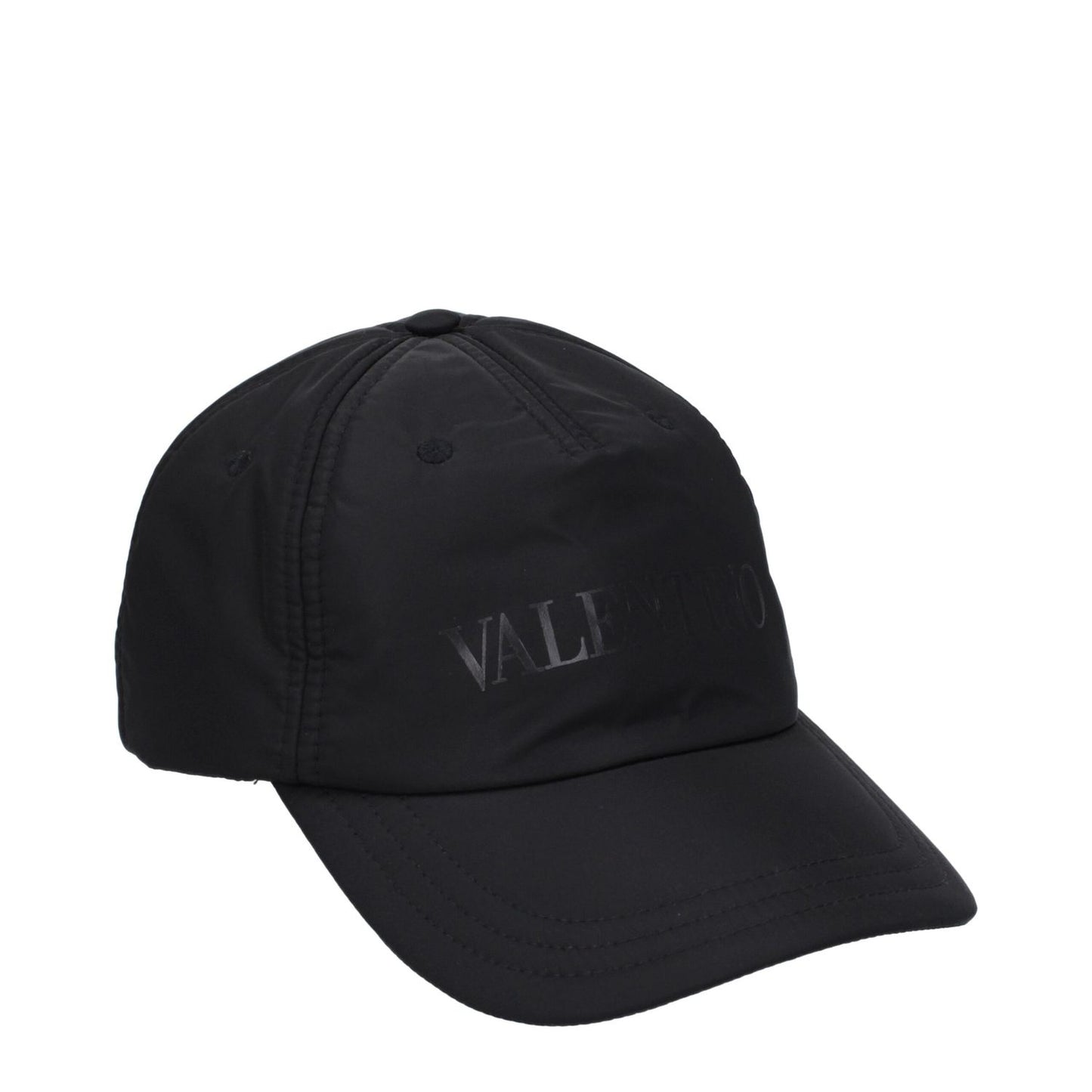 Valentino Garavani Black Polyamide Cap (Baseball Hat) featuring front logo and buckle closure in 100% polyamide.