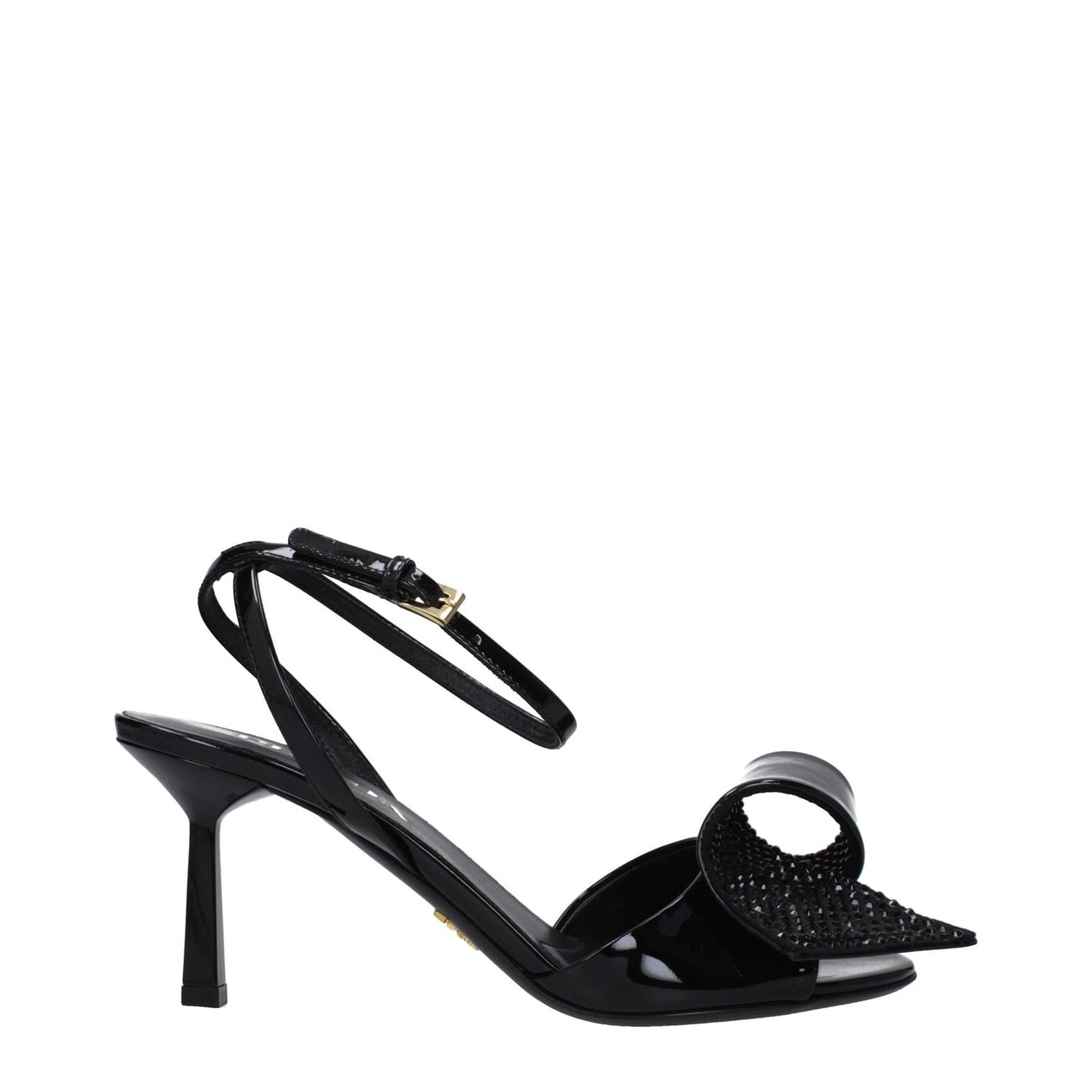 Prada Black Leather Stiletto Heel Sandals with open toe, buckle closure, and leather sole, featuring a stylish side detail, 7.5 cm heel.