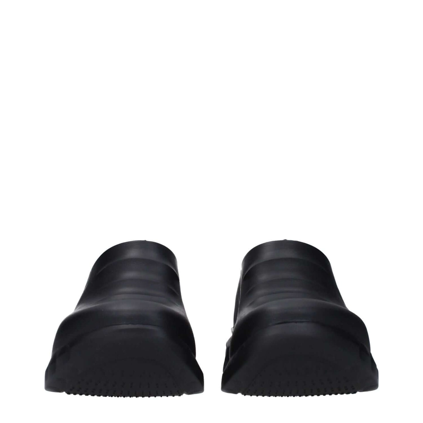 Front view of Givenchy Black Cotton Slippers with rubber sole and wedge heel, featuring side and back logos, round toe design.