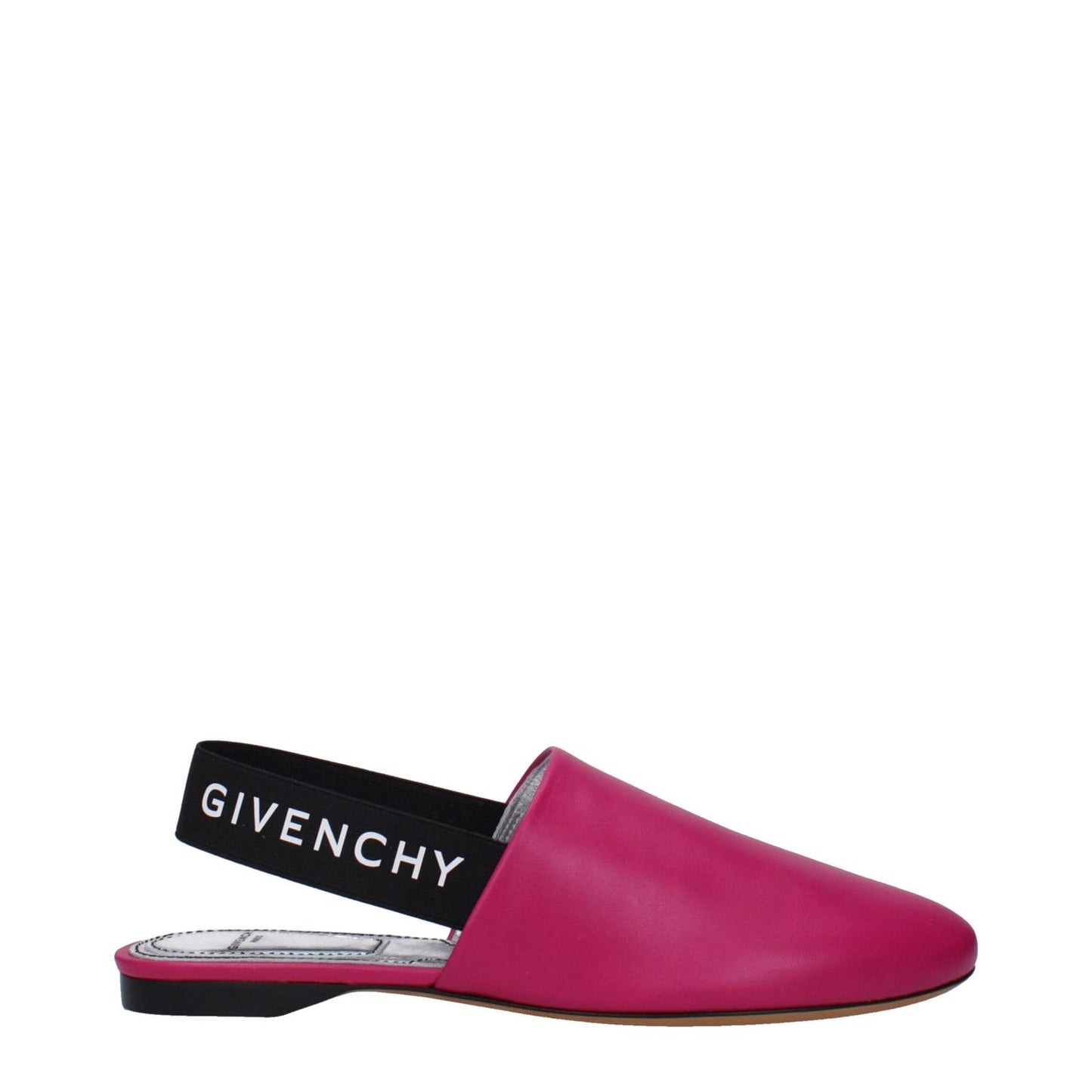 Alt Tag: Givenchy Pink Leather Flat Sandals with logo, black strap, round toe, low heel, casual style, leather sole, cyclamen accents.