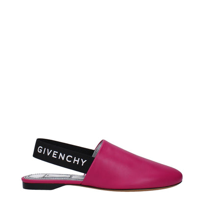 Alt Tag: Givenchy Pink Leather Flat Sandals with logo, black strap, round toe, low heel, casual style, leather sole, cyclamen accents.