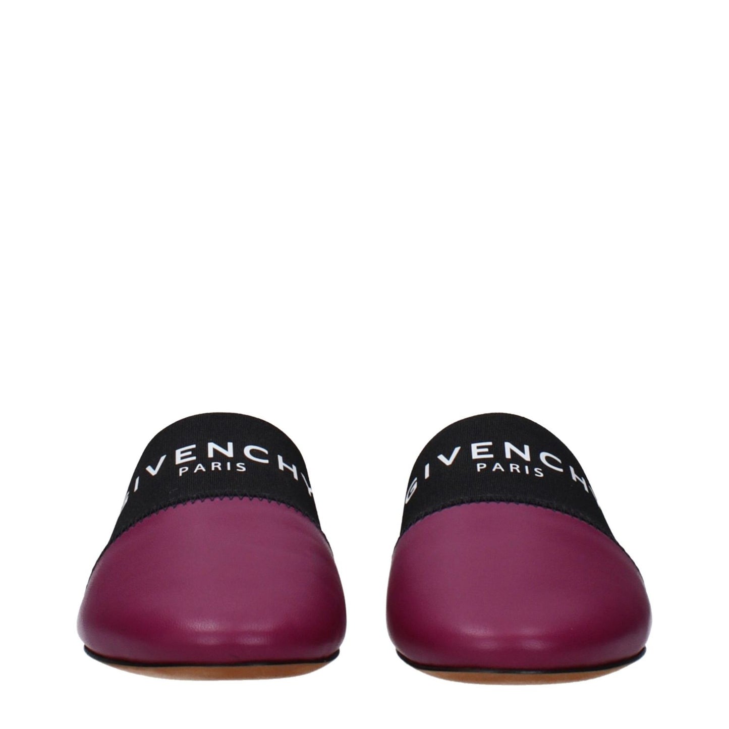 Givenchy Purple Leather Slippers with front logo, round toe, and low flat heel in dark orchid color, designed for casual style.