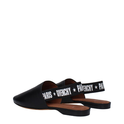 Givenchy Black Leather Slides with side and back logo, featuring a round toe and low flat heel, made from black leather with white accents.