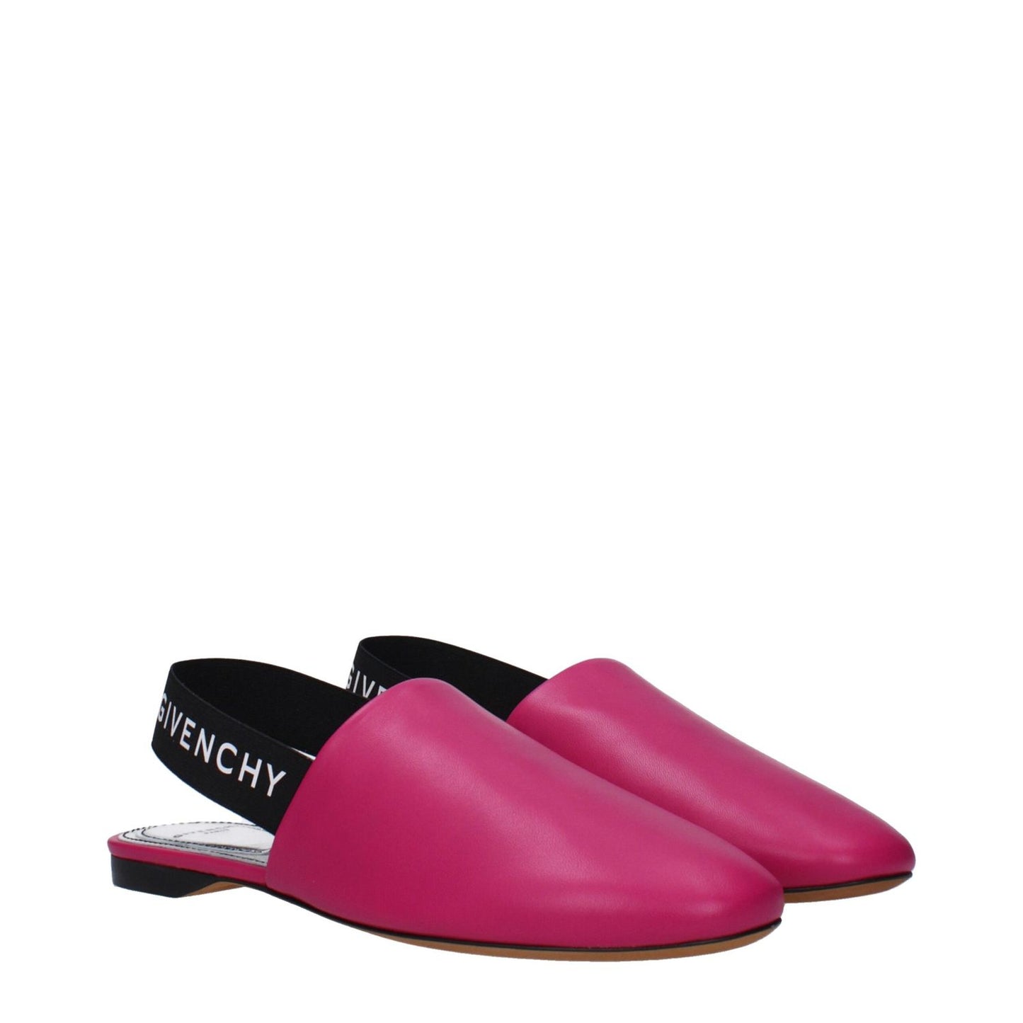 Givenchy Pink Leather Flat Sandals with side and back logo, featuring a low flat heel and round toe design.