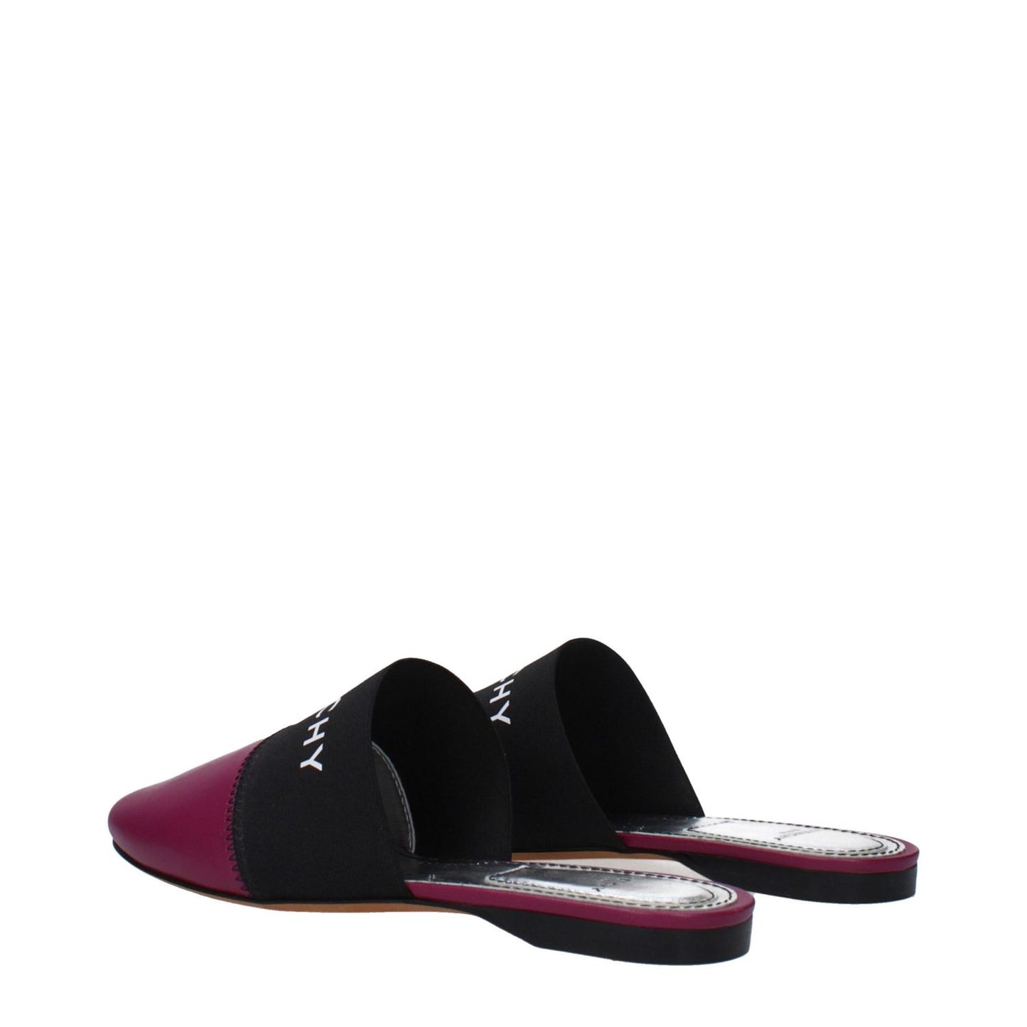 Givenchy Purple Leather Slippers with front logo, round toe, flat heel, and dark orchid accents.