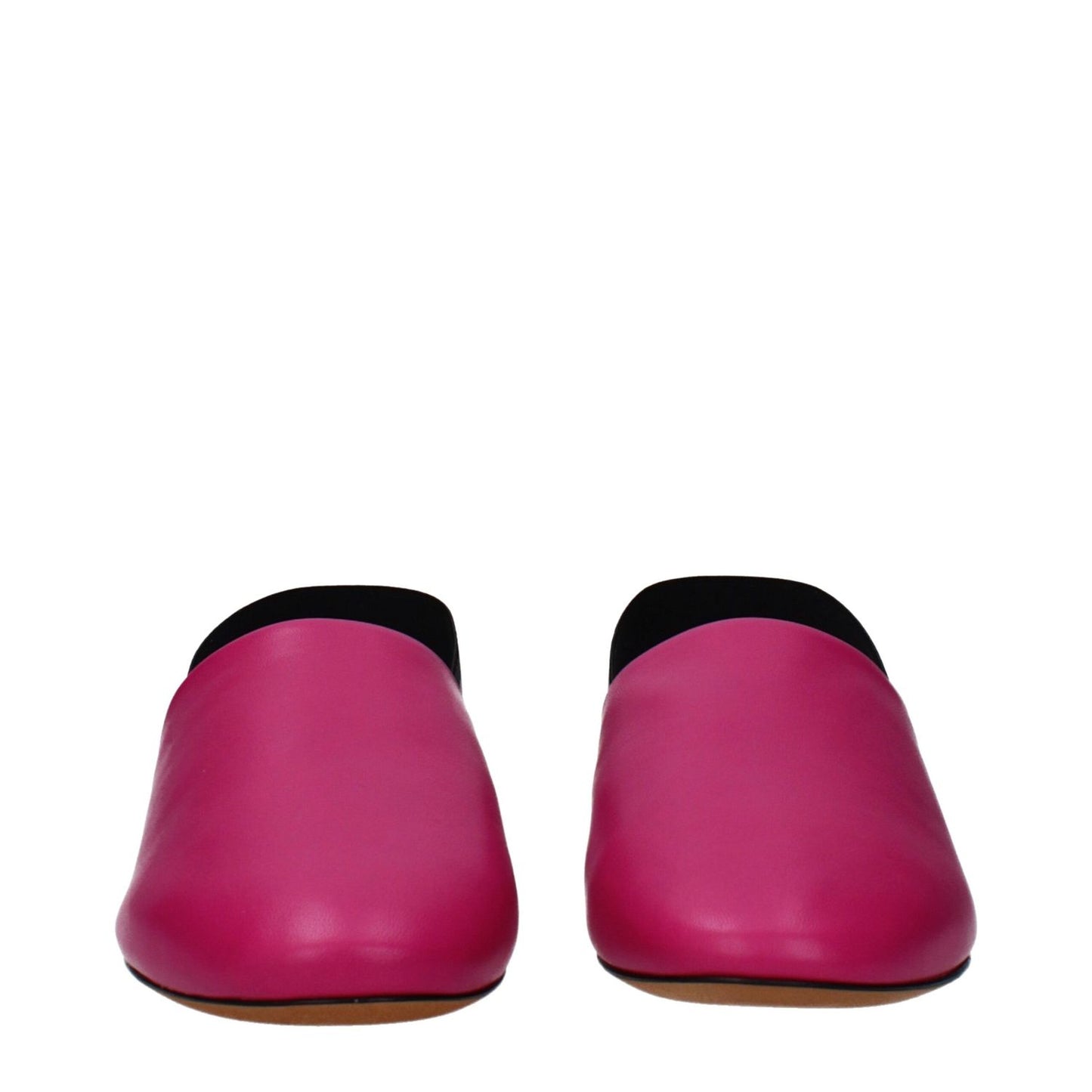 Givenchy Pink Leather Flat Sandals with round toe and low heel, featuring side and back logos, in fuchsia leather.