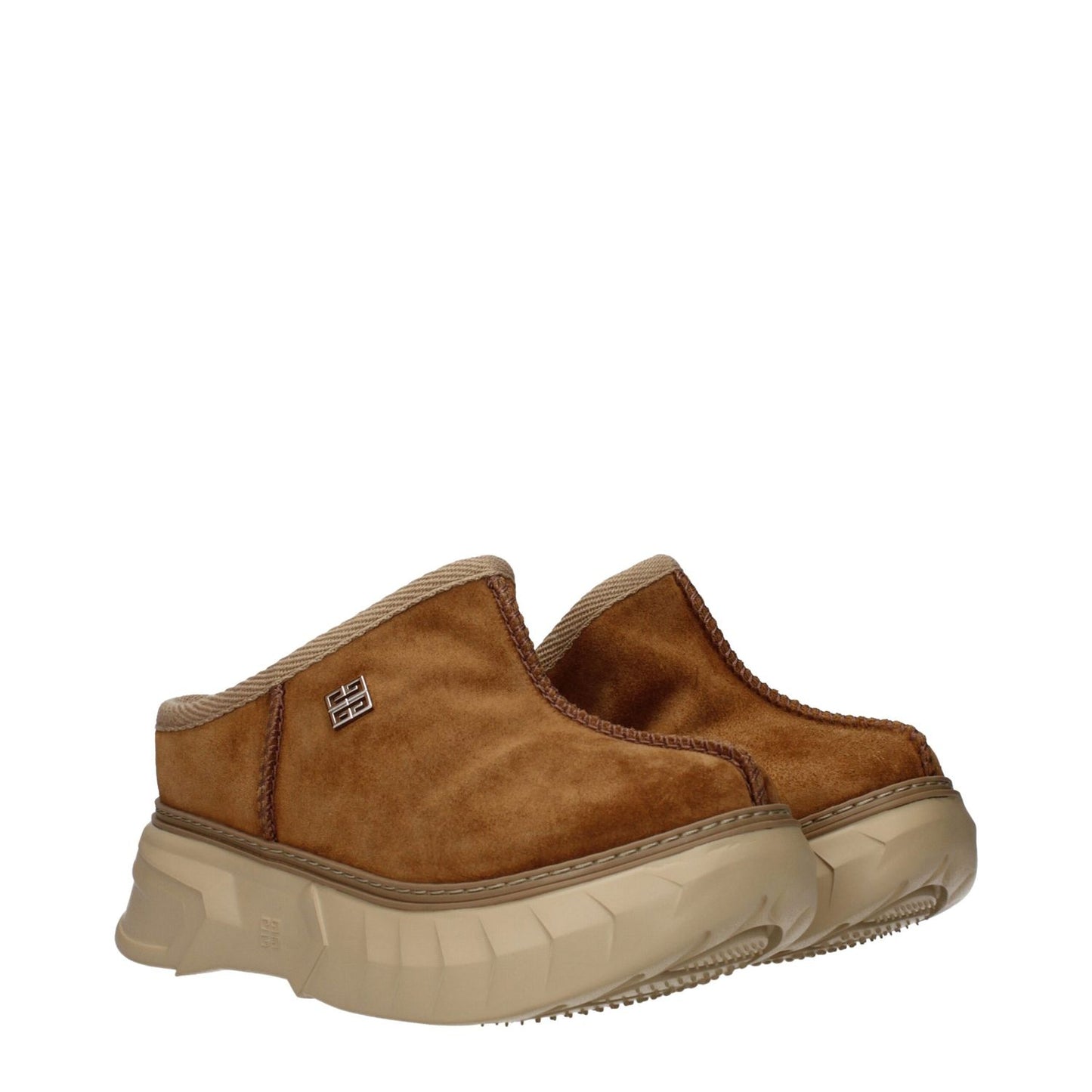 Givenchy Brown Leather Slippers with side and back logo, suede material, rubber sole, round toe, and mid heels. Casual style footwear.