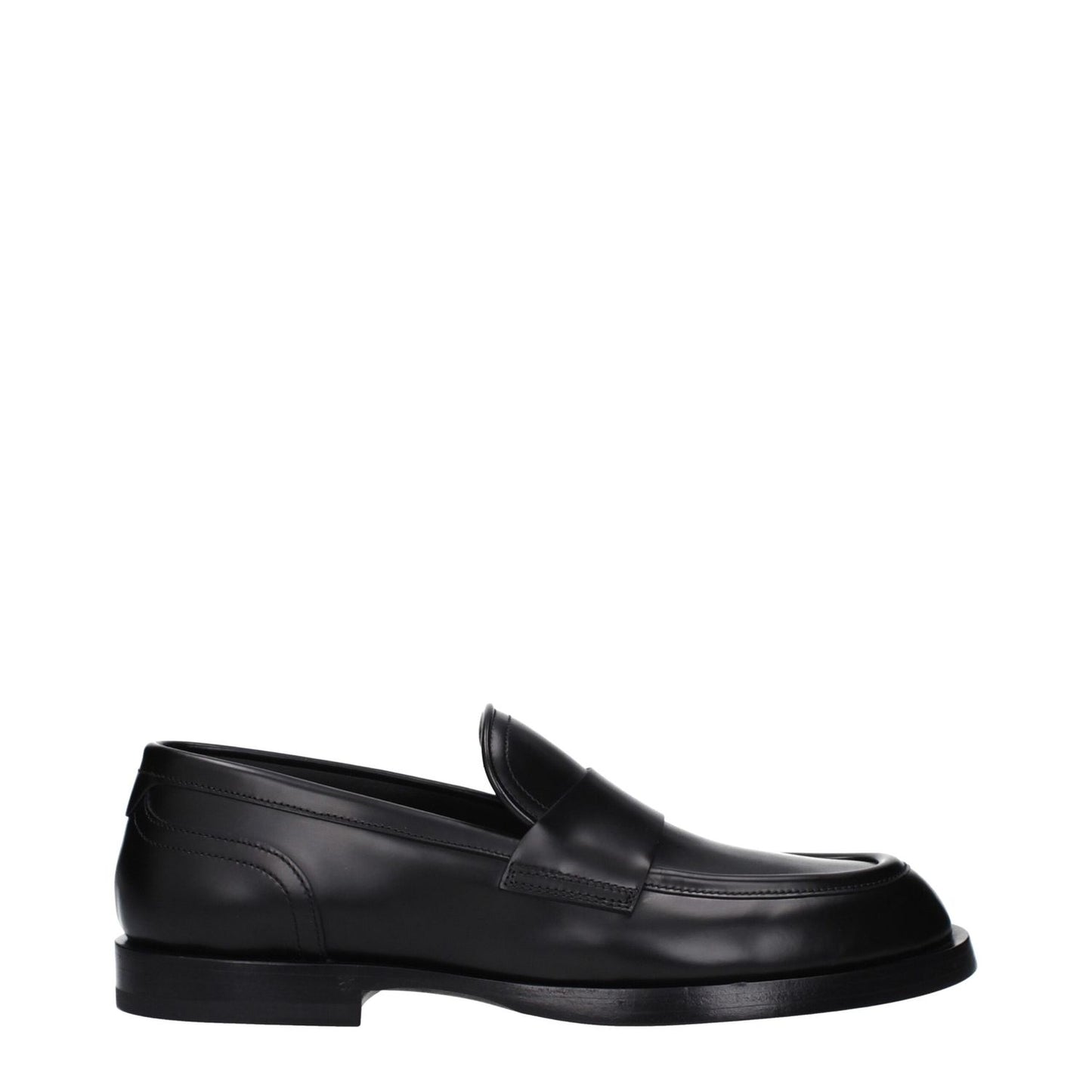 Dolce & Gabbana Black Leather Slip-On Loafers with round toe and leather sole, casual style.