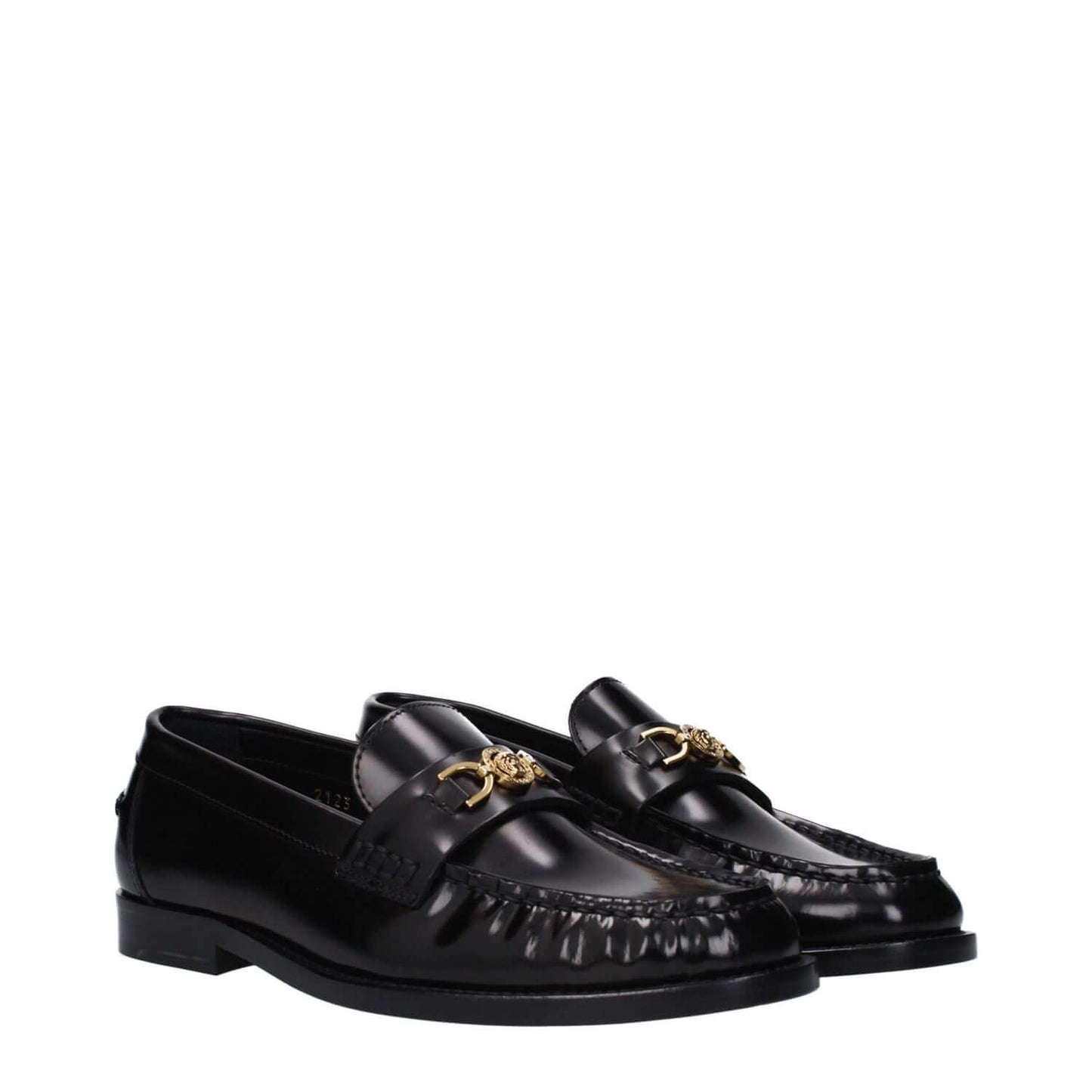 Versace Black Leather Slip-On Loafers with front detail and logo, casual style, leather sole, round toe, low flat heel.