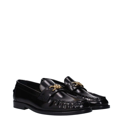 Versace Black Leather Slip-On Loafers with front detail and logo, casual style, leather sole, round toe, low flat heel.