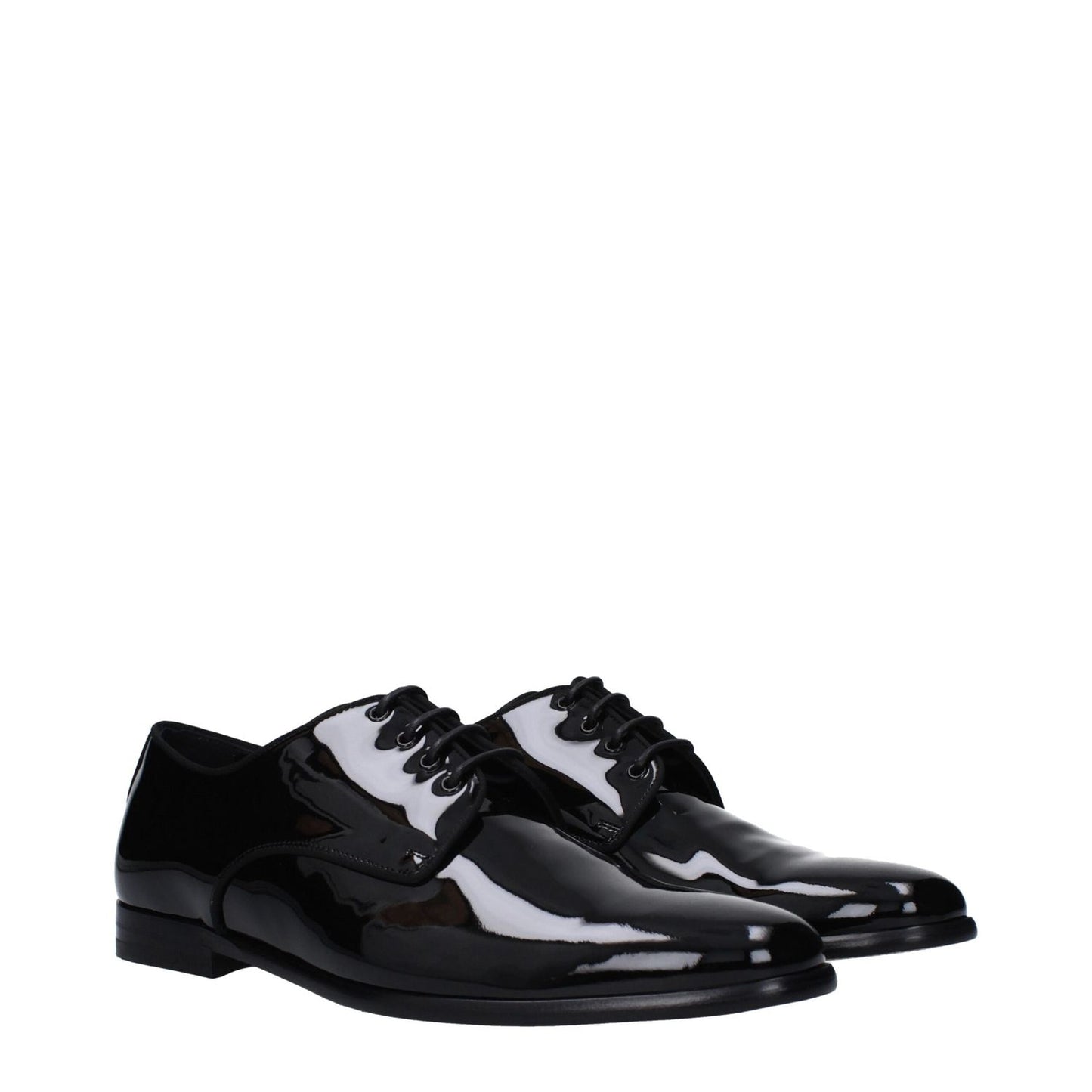 Dolce & Gabbana Black Leather Oxfords And Derbies, patent leather, lace up, pointy toe, low flat heel, casual style shoes.