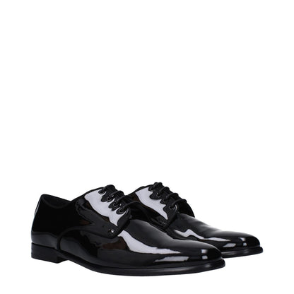 Dolce & Gabbana Black Leather Oxfords And Derbies, patent leather, lace up, pointy toe, low flat heel, casual style shoes.