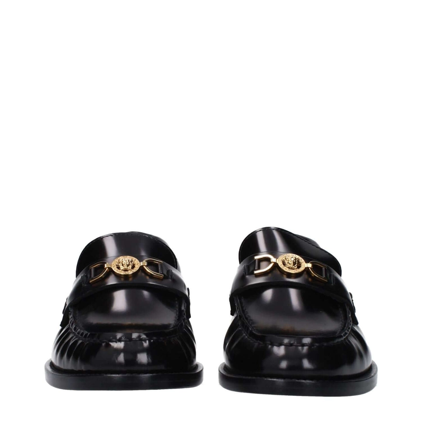 Versace Black Leather Slip-On Loafers with front logo and round toe design.