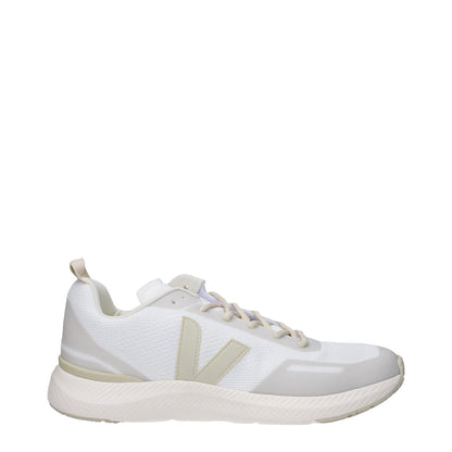 Veja White Fabric Athletic Sneakers with beige accents, round toe, lace-up closure, and rubber sole, style Sporty Glam.