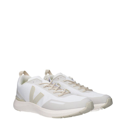 Veja White Fabric Athletic Sneakers with beige side logo, sporty glam lace-up, low flat heel, and rubber sole, round toe design.