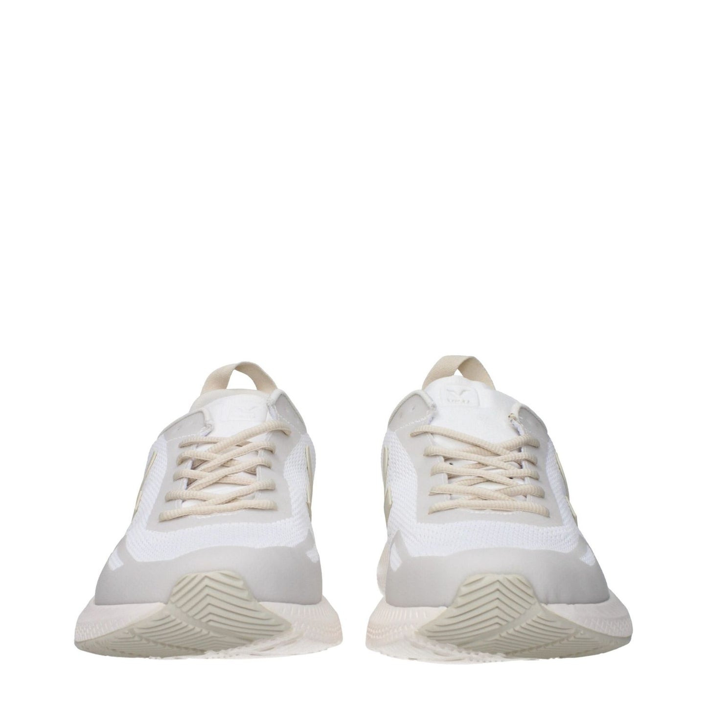 Veja White Fabric Athletic Sneakers with logo, lace-up closure, and beige accents. Sporty glam style with rubber sole and round toe design.