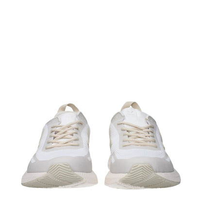 Veja White Fabric Athletic Sneakers with logo, lace-up closure, and beige accents. Sporty glam style with rubber sole and round toe design.