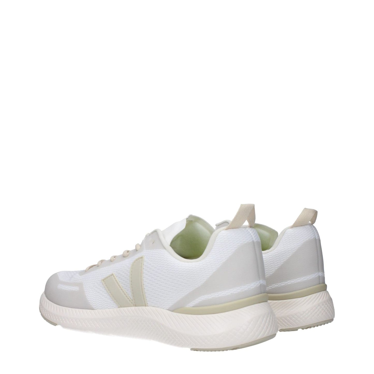Veja White Fabric Athletic Sneakers with beige accents, featuring side logo, lace-up closure, and rubber sole, low and flat heel.