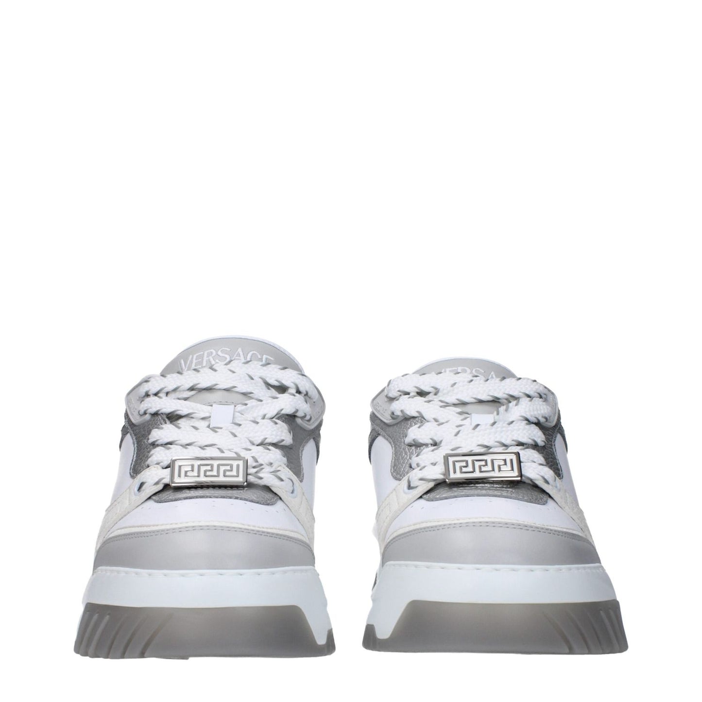 Versace White Leather Chunky Sneakers with logos, mid heels, rubber sole, and lace-up closure.