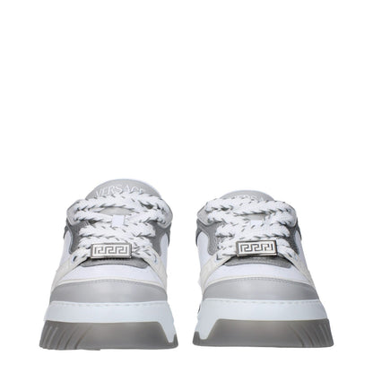 Versace White Leather Chunky Sneakers with logos, mid heels, rubber sole, and lace-up closure.